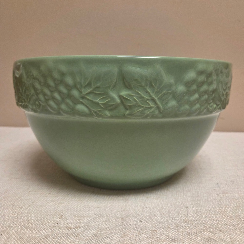Portugal Sage Green Ceramic Mixing Bowl Embossed Grapevine Stoneware